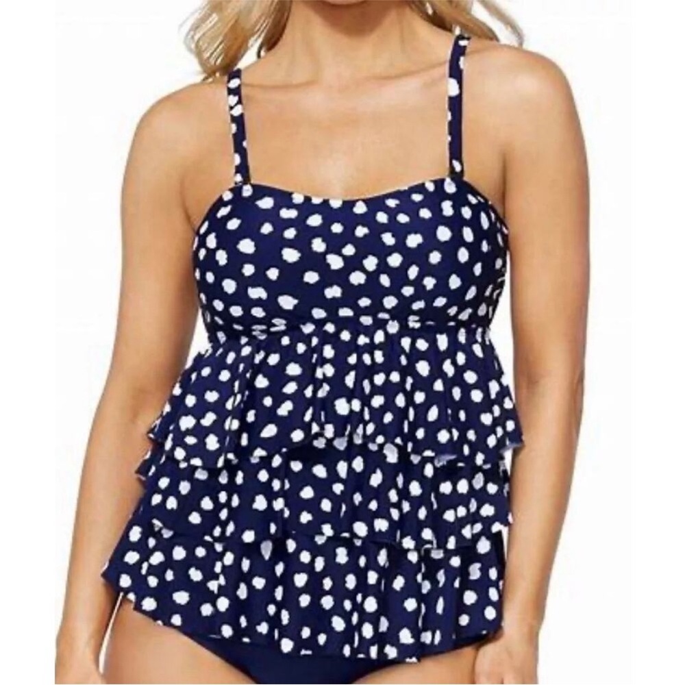 Island Escape Tier Ruffle Polka Dot Tankini Top Navy Blue & White Swim Top NEW
